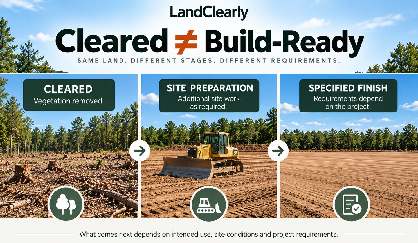 Three stages showing cleared land, site preparation, and a specified finish to illustrate that cleared land is not automatically build-ready.