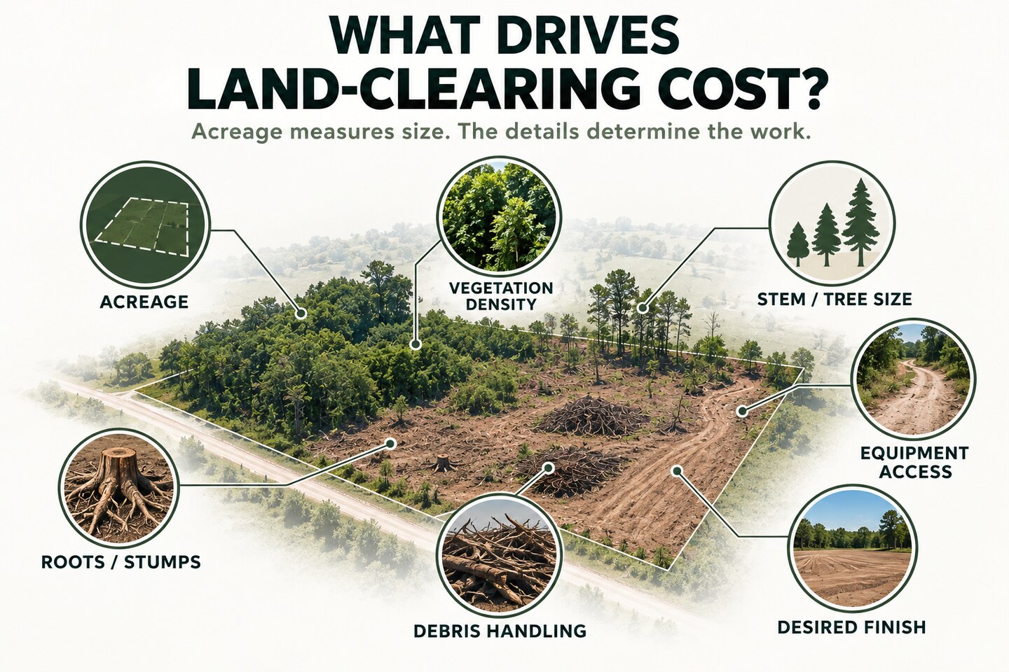 Land-clearing cost drivers including acreage, vegetation density, tree size, equipment access, roots and stumps, debris handling, and desired finish.
