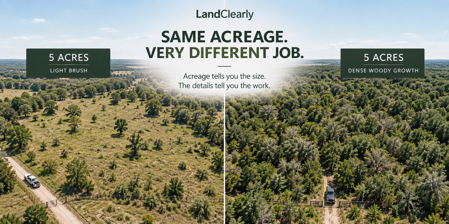 Comparison of two five-acre properties showing light brush on one and dense woody growth on the other.