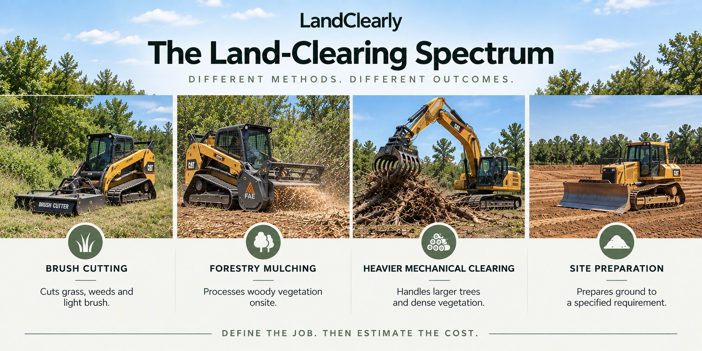 Four land-clearing approaches: brush cutting, forestry mulching, heavier mechanical clearing, and site preparation.